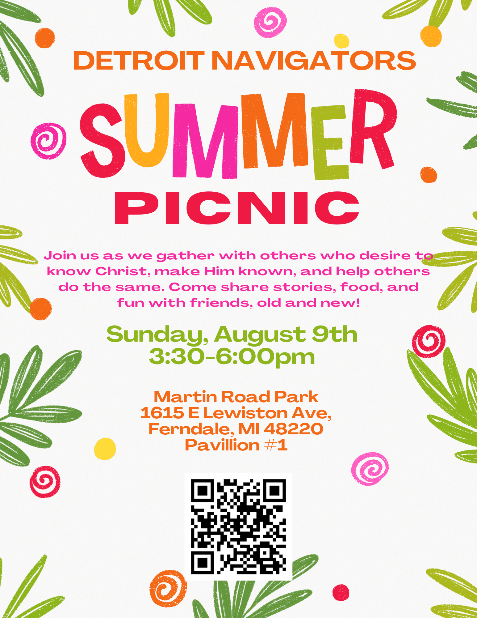 Poster for Detroit Navigators Summer Picnic with colorful 'SUMMER PICNIC' text and decorative leaves and spirals, plus a QR code at the bottom.